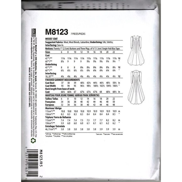 McCalls M8123 Misses 14 to 22 Full Length Victorian Style Coat Pattern New - Picture 2 of 2